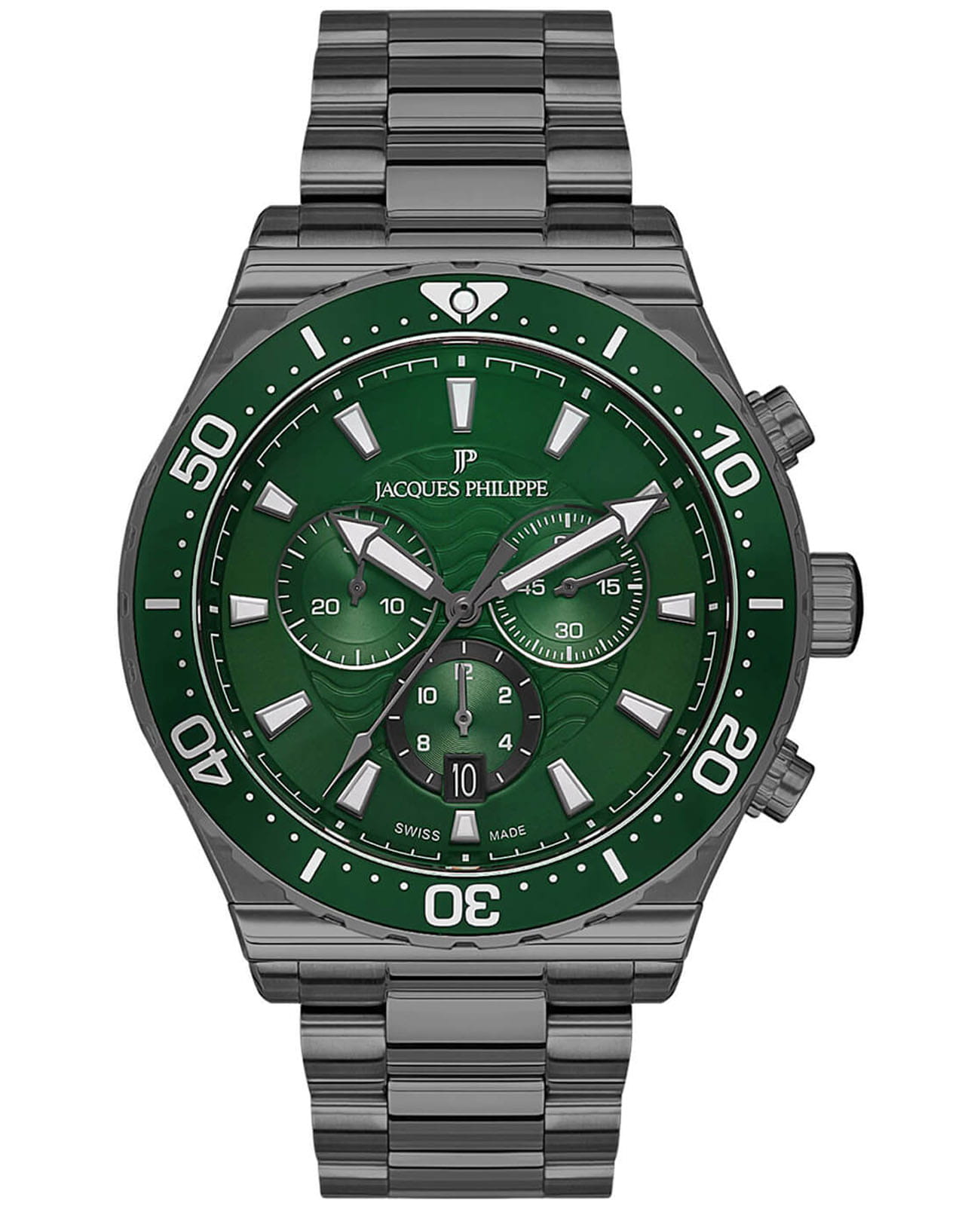 Jacques Philippe Jacques Philippe Cavalier JPQGC2083X7  JPQGC2083X7 кварцевые мужские часы зеленый циферблат, браслет нержавеющая сталь с pvd-покрытием — вид спереди